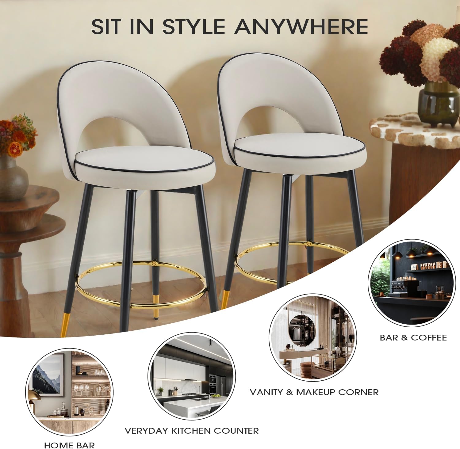 Set of 4 Swivel Counter Height Bar Stools, 26" PU Leather Bar Chairs with Backrest & Footrest, Modern Metal Base, Adjustable Non-Slip Levelers for Kitchen Island or Dining Bar, Grey and Black