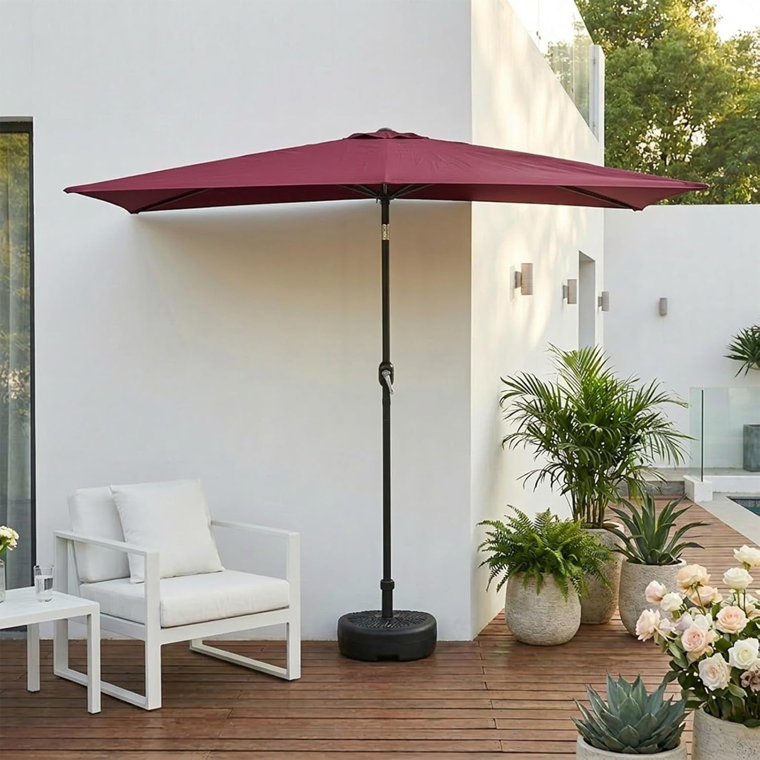Outdoor Patio Umbrella Half Umbrella with Base Included 1/2 Round Wall Umbrella Hand-Crank Opening Suitable for Pools Gardens and Balconies