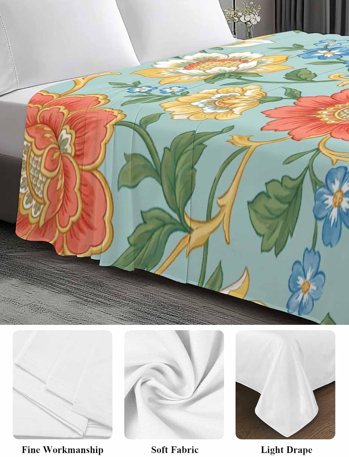 King Flat Sheet, Turquoise Flowers King Bed Sheets Only, Soft Microfiber Flat Sheet, Country Vintage Chic Flowers Vines Hotel Quality Bedding Top Sheet Bedroom Home Dorm Decor