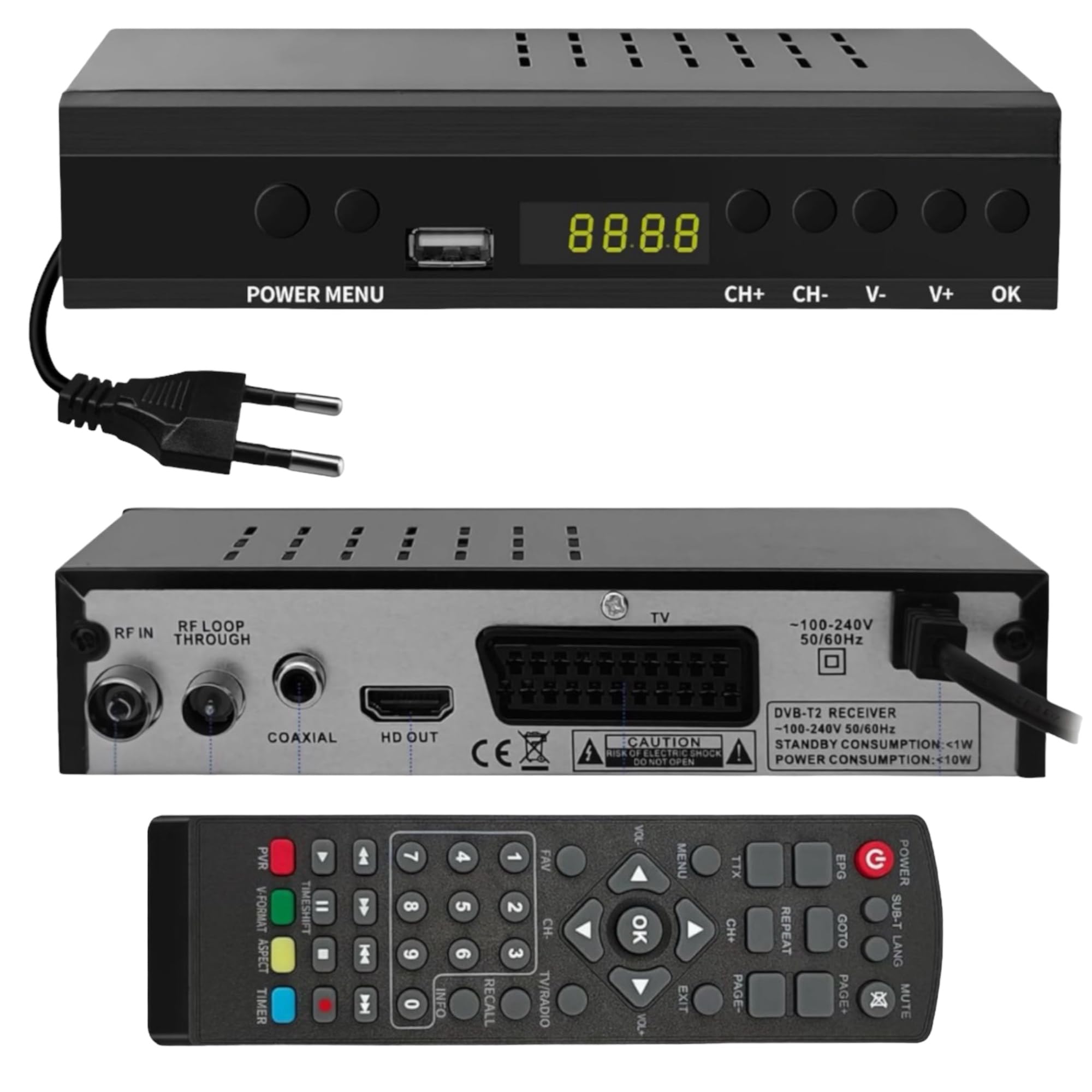 2024 Nuevo Español TDT Decodificador Televisión UHD DVB-T T2 O T3 Tuner MPEG-4 2 HD, Sintonizador de Digital Terrestre, Receptor Digital de Alta definición Full HD 1080p Dolby/MPEG-2/4 (JN 821T2)