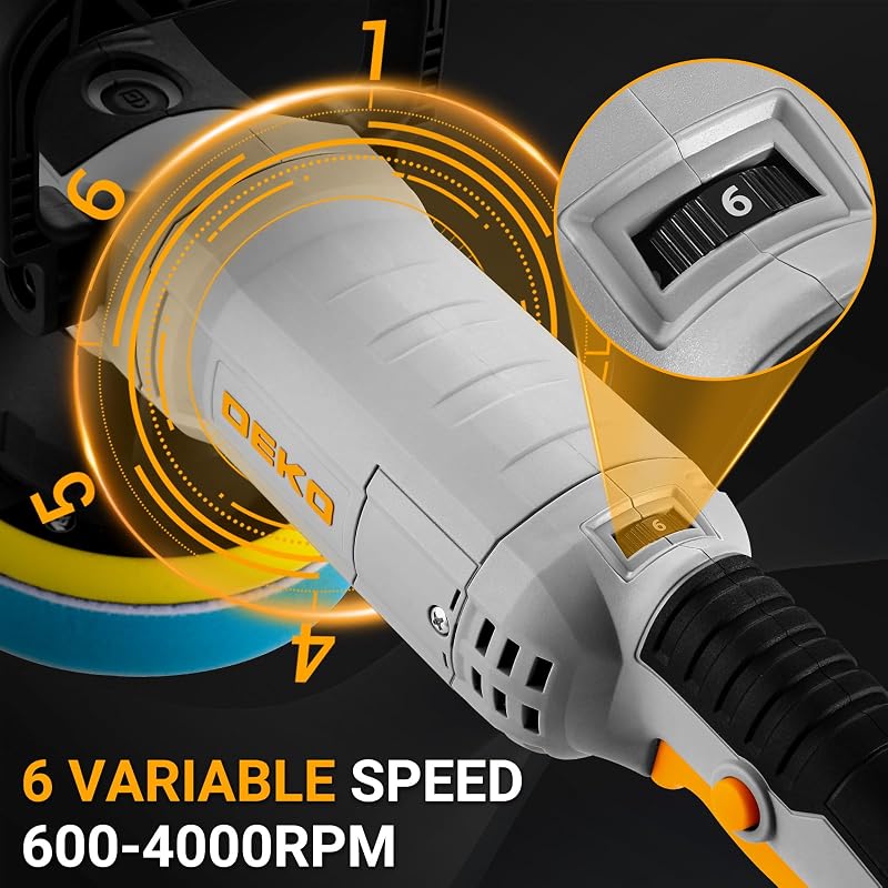 Mașină de polizat excentrică DEKOPRO 800W cu disc de 150 mm, 6 viteze, 1800-5500 rotații pe minut, orbită de 9 mm, pentru lustruirea și ceruirea mașinii