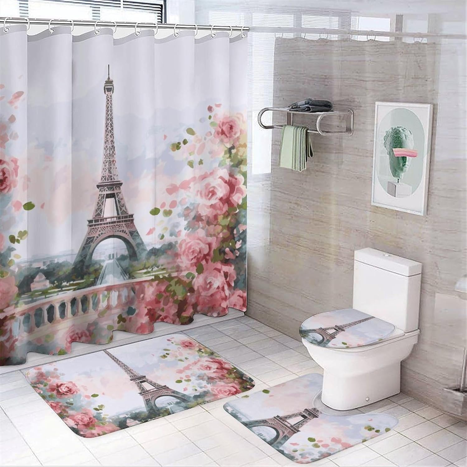 Paris Eiffel Tower with Flowers Shower Curtain Set 4 Piece, Non-Slip Bath Mat with Toilet Lid Cover and Waterproof Shower Curtain with 12 Hooks, Complete Bathroom Set for Home Decor