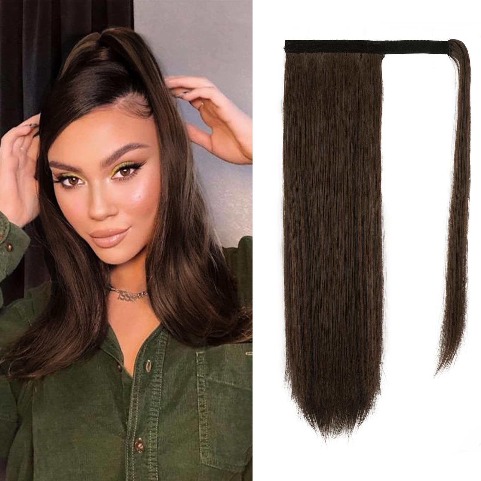 Photo 1 of BARSDAR Chocolate Brown Straight Wrap Ponytail Extension - 18 Inch Long Straight Wrap Around Ponytail Hair Extensions for Women, Synthetic Clip in Brown Pony Tails Hairpieces Daily