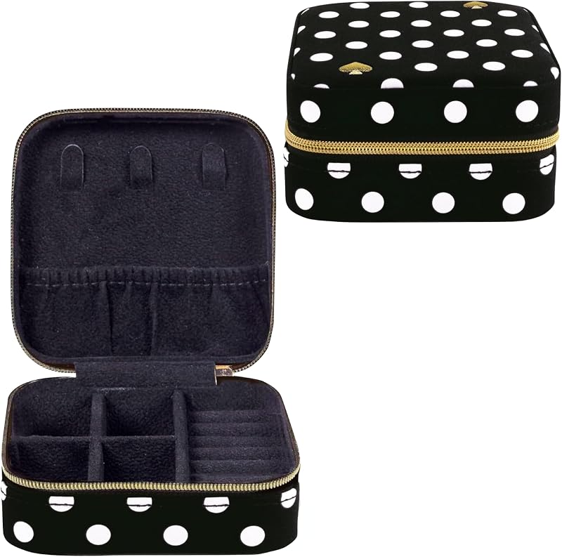 kate spade new york Travel Jewelry Case, Polka Dot | Small Square Case, Black and White Dotted Jewelry Box Organizer for Rings, Necklaces, Earrings On-the-Go with Zipper Closure