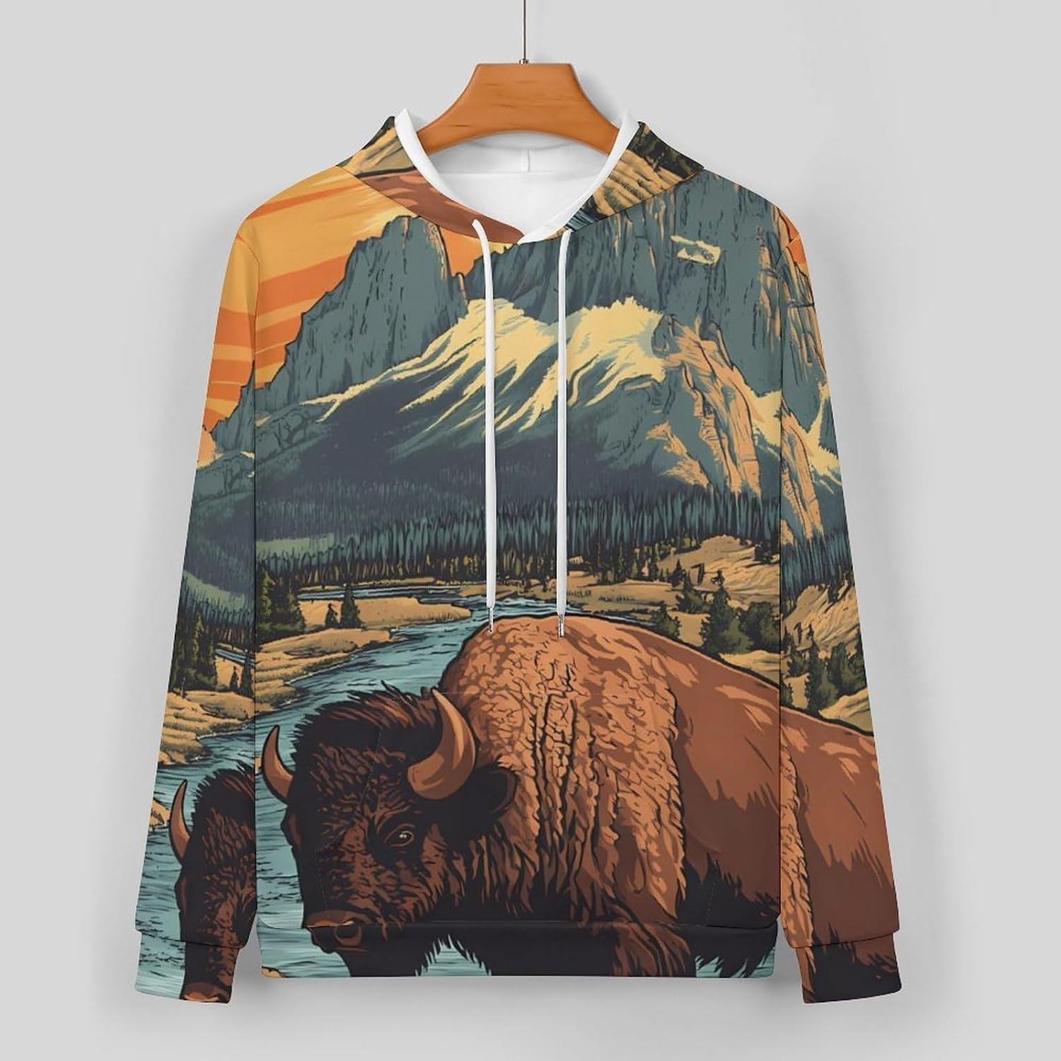 Vintage Bison In Mountains Sweatshirts for Men Two Piece Casual Hoodie Tracksuit Jogger Pants