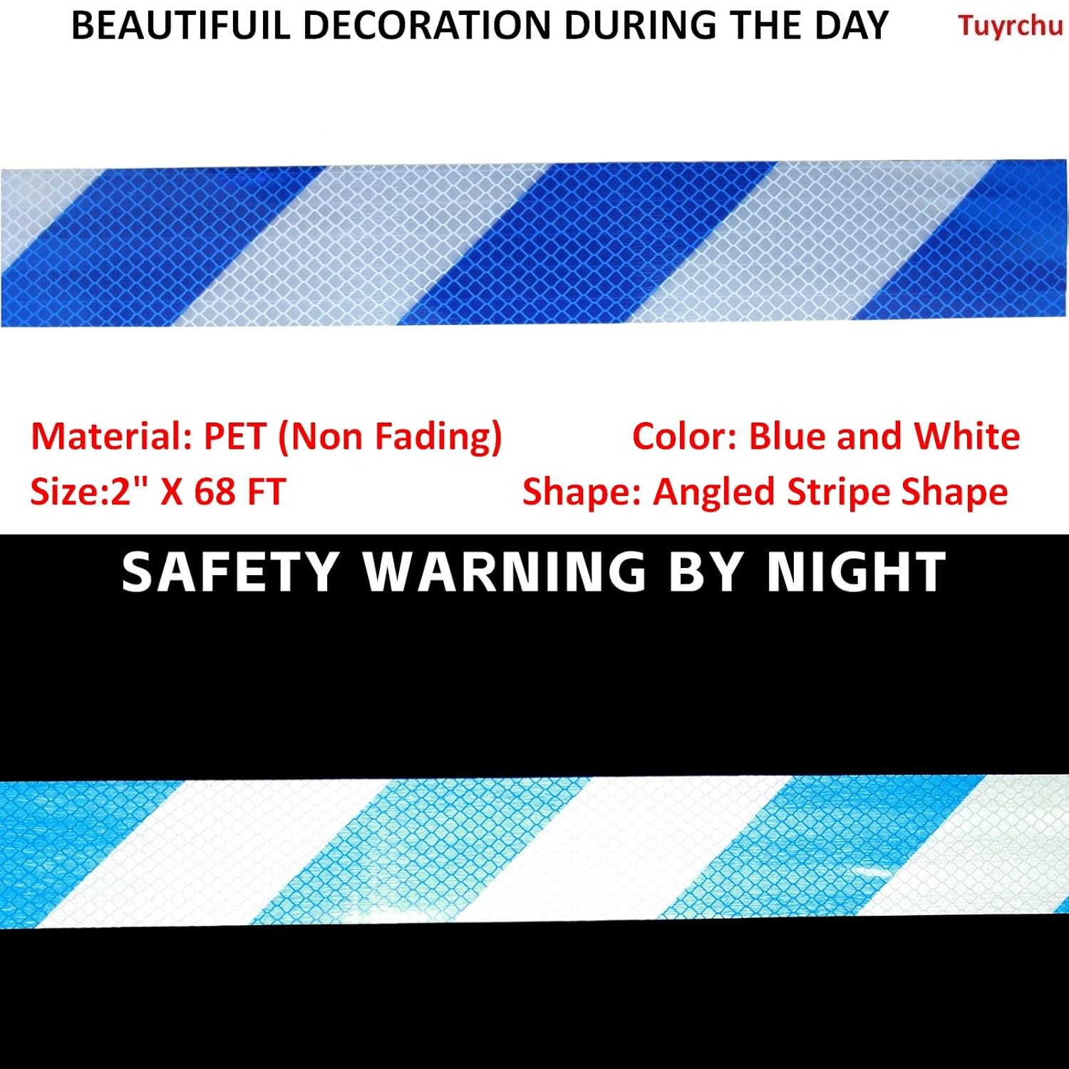 Reflective Tape Blue White 2 inch Wide, Outdoor Waterproof High Visibility Hazard Warning Industrial Marking Tape (68 feet)