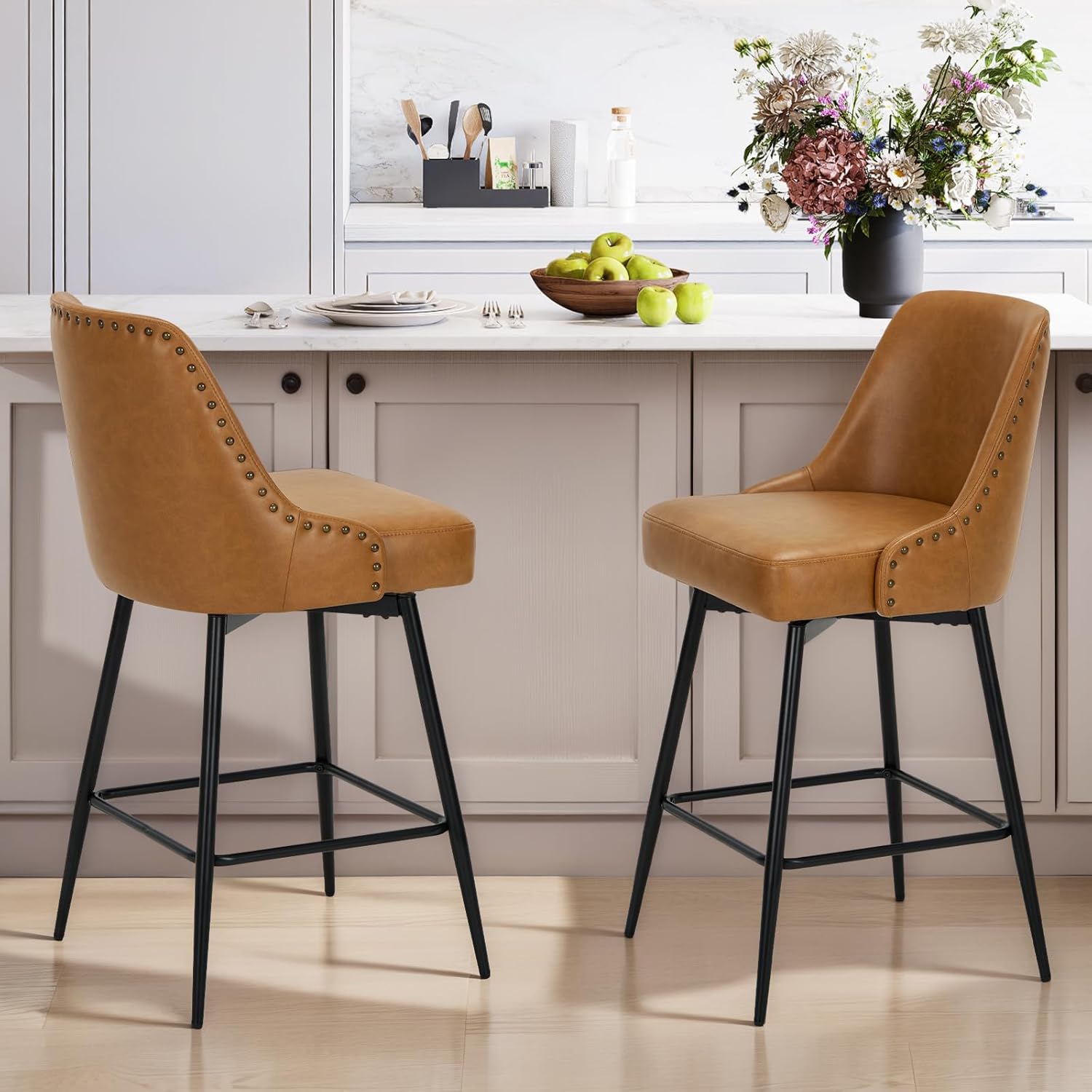 Colamy Bar Stools Set of 2, 26.18" Counter Height Swivel Stools with Thick Padded Seat, Adjustable Footrest & 360° Rotation, Premium PU Leather Upholstery for Kitchen Island/Home Bar/Cafe, Brown