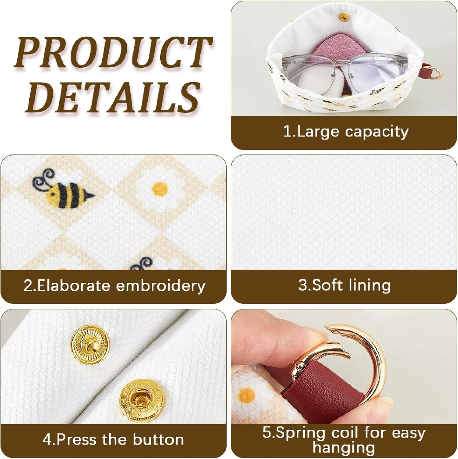 CREATCABIN Bee Glasses Case Soft Eyeglass Holder Polyester Portable Animal Bees Sunflower Pattern Sunglasses Button Holders Clip Cases Pouch With Cleaning Cloth for Men Women Travel 7.5 x 3.9 Inch