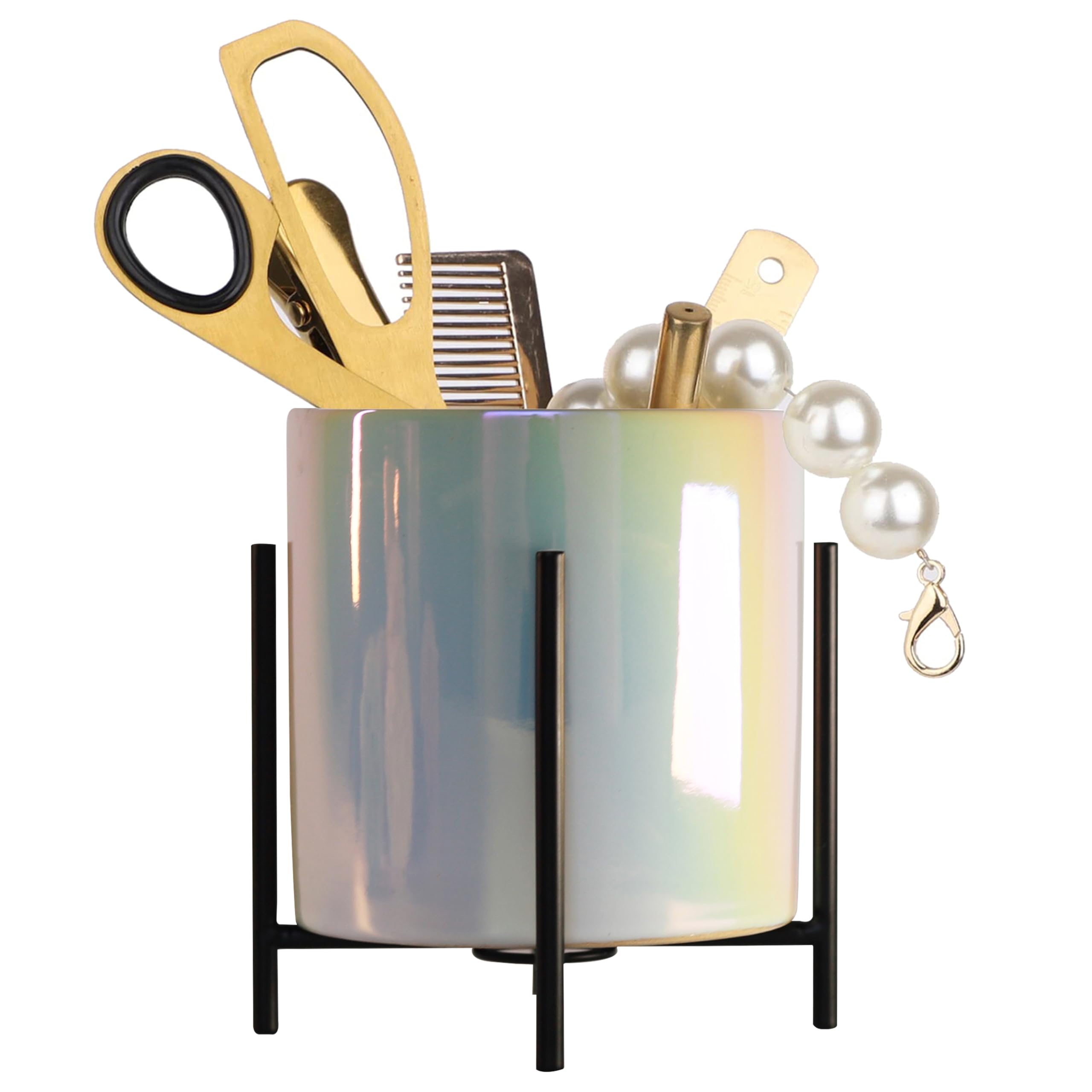 SIEBOLD Ceramic Iridescent Pen Holder for Girls and Woman Durable Desk Organizer & paper clip for Office, Classroom, Home