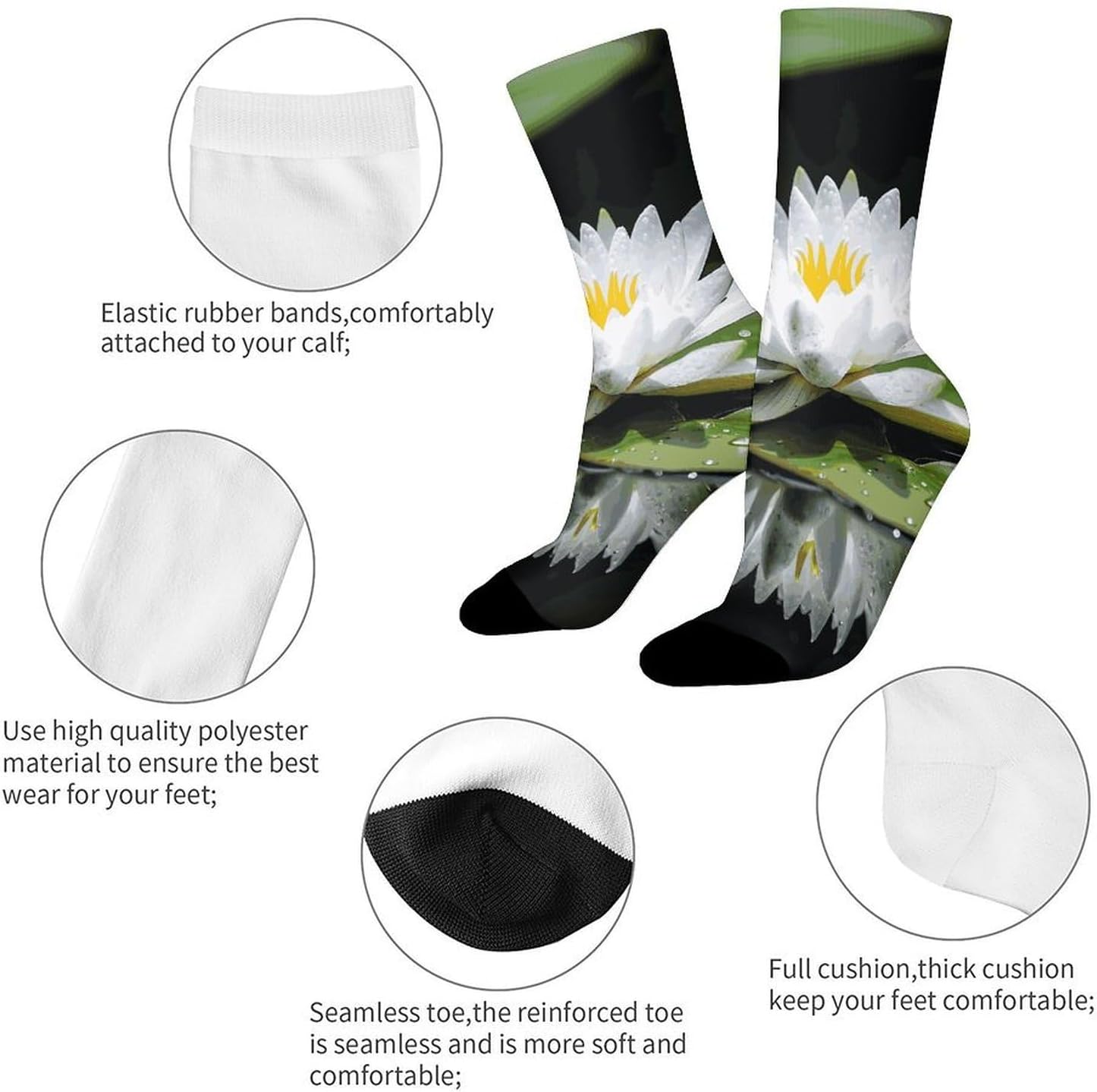 Moisture Wicking Socks, Breathable, Lightweight Crew Sock, Casual | White Water Lily Work Socks for Women Men, Elastic Soft Boot Socks for Travel, Seamless