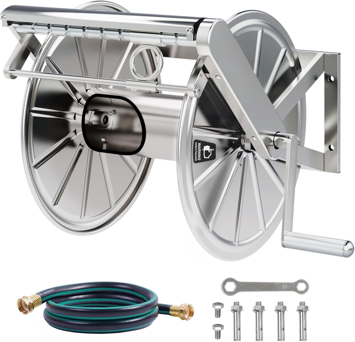 Stainless Steel Garden Hose Reel Heavy Duty, Wall Mount Water Hose Holder, 150 Feet of 5/8 Inch Hoses Capacity, Hose Reels with 5 ft Inlet Hose for Outside, Lawn, Yard, Garage