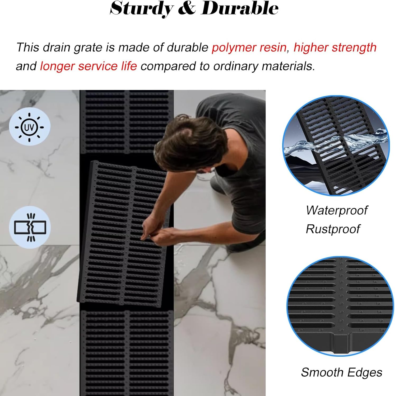 Rectangle Drain Cover Sewer Grate Easy Install & Cut，Black Trench Drain Cover Abrasion Non-Slip，Outdoor Garden Drain Cover for Yard Fence/Pool Areas(19.7x11.8x0.8 in)