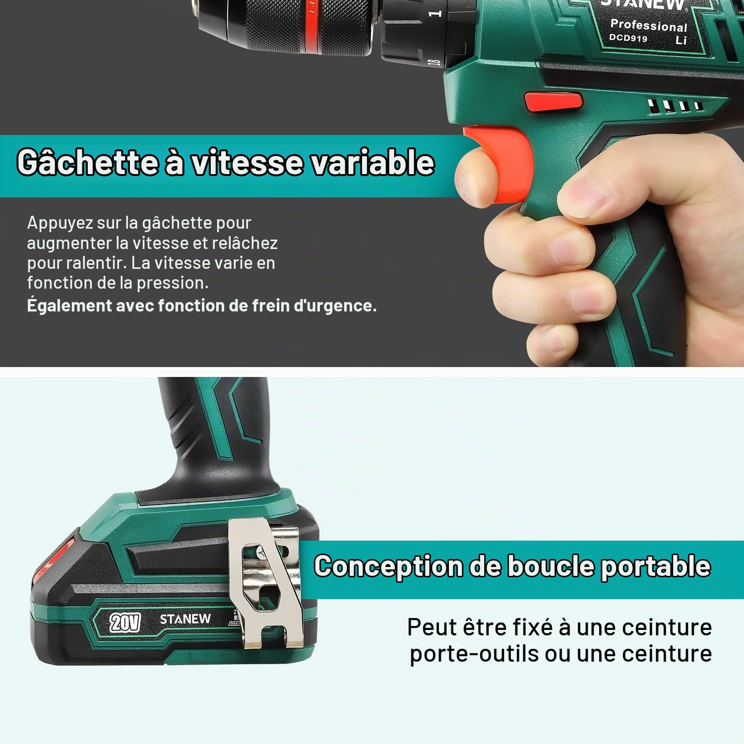 Perceuse à Percussion, STANEW QW Perceuse-Visseuse sans fil 2 batteries Li ion 20V, Couple 18+3, avec 2 Batterie et Chargeur ST-919