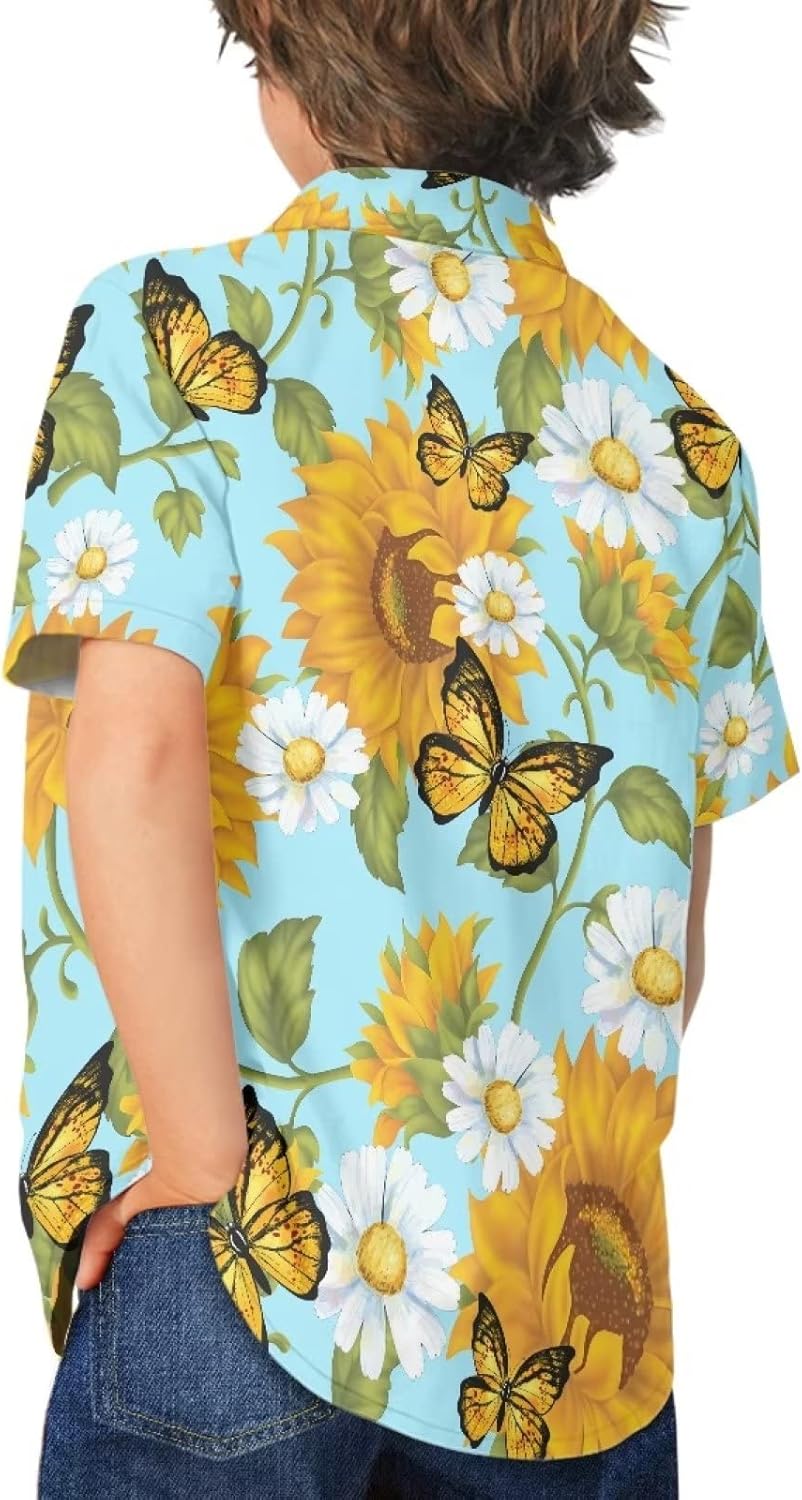 Boys Casual Floral Hawaiian Shirts for Summer Vacation Comfy V Neck Button Down Shirt Beach Tropical Outfits