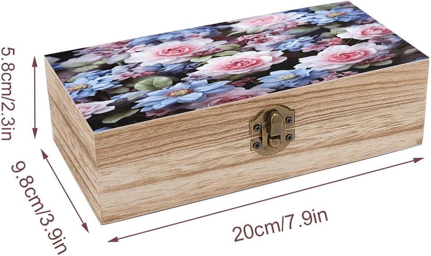 Blue And Pink Flowers Storage Chests with Lid, Wooden Box | Wooden Jewelry Box-Organizer-Vintage Latch,Durable,Storage Chest for Memories,Crafts,Jewelry& Photos