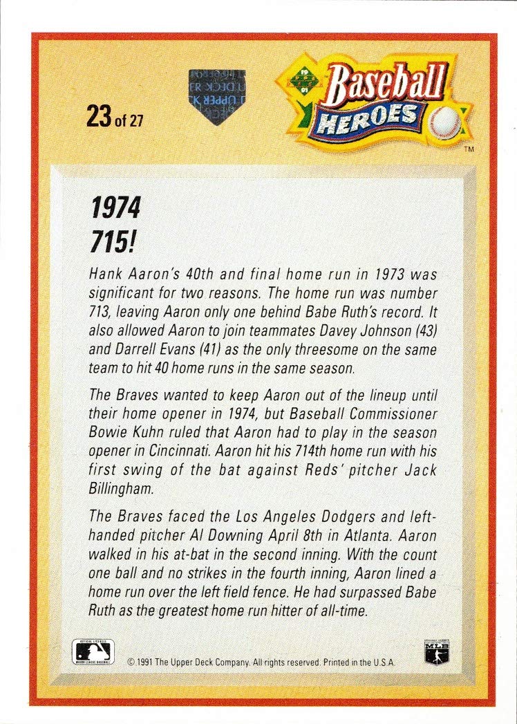 Amazon.com: 1991 Upper Deck Baseball Heroes #23 Hank Aaron Card