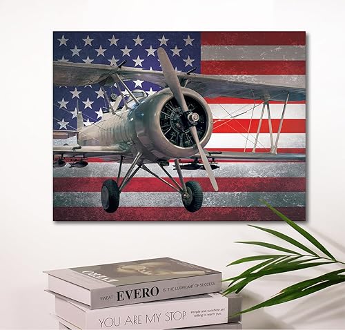 Miniatura 3 de Lienzo decorativo rústico con bandera estadounidense, bandera estadounidense y estilo antiguo de aviones, póster impreso para decoración de hogar,