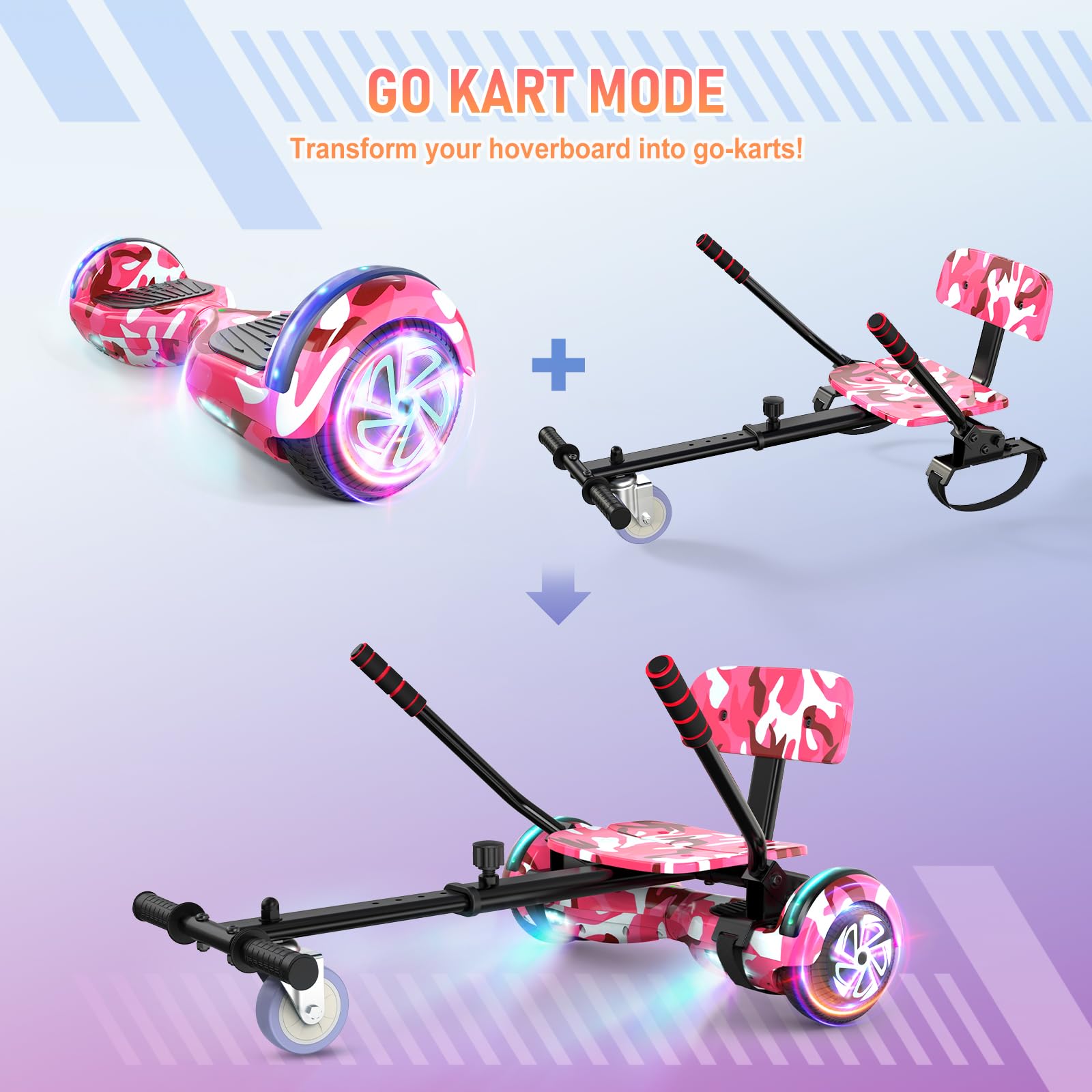 SISIGAD Hoverboard con Kart, Go Kart 6,5 pollici, Hoverboard All Terreno Auto-bilanciato con Altoparlanti Bluetooth e Luci LED, Regalo per Bambini, Rosa Camouflage
