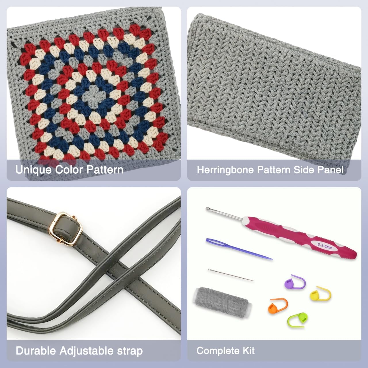 Noocro Crochet Kit Granny Square Crochet Bag Kit – DIY Felt Purse with Hook, Wool Yarn, Markers, Guide & Video – for Intermediate or Ambitious Beginners (Vintage Gray)