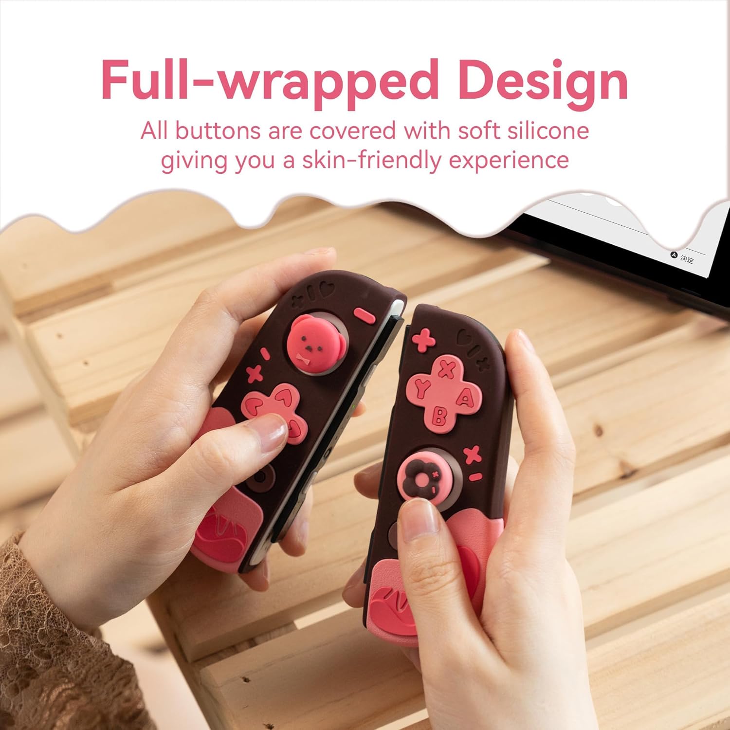 GeekShare Protective Case for Switch Slim Cover Case Separable Soft Silicone Protective Shell for Joycon with 2 Thumb Grip Caps- Strawberry Chocolate (for Switch 2017)