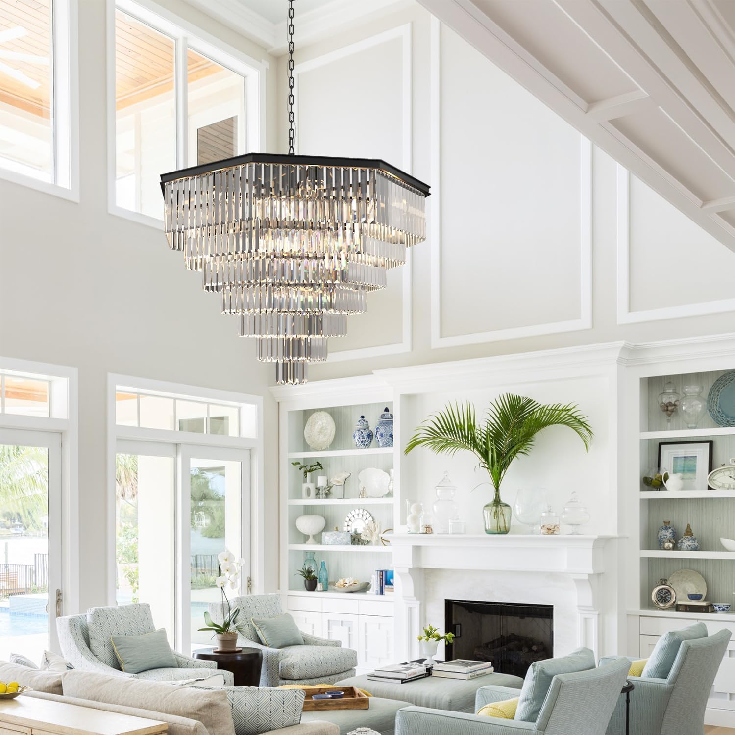 Modern Crystal Chandelier, 21-Light 7 Tiers Round Chandelier, Adjustable Hanging Metal Ceiling Lighting Fixture, Foyer Dining Room Chandeliers for Living Room Bedroom, W39-inch Black