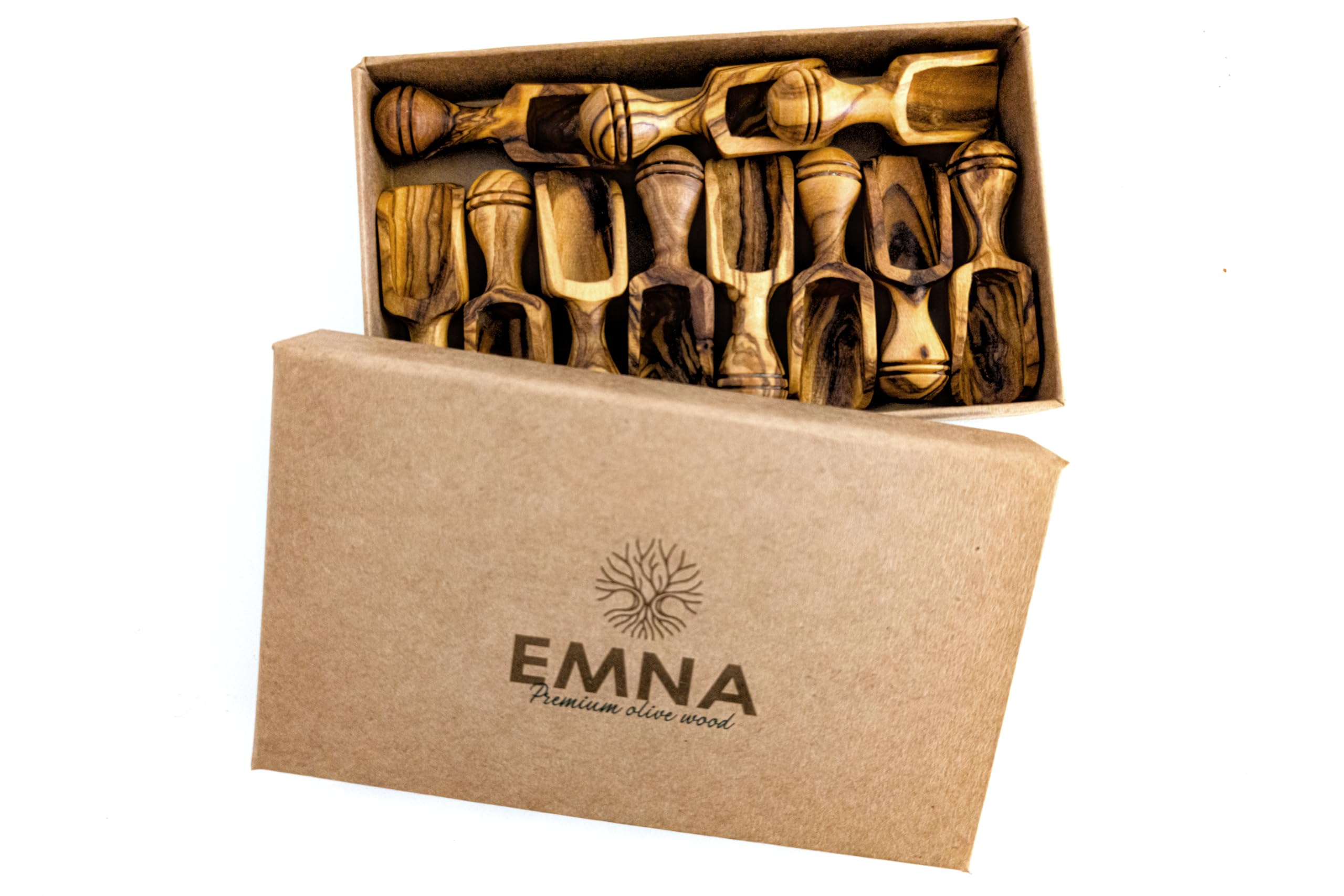 EMNA - 11 x superfici in legno d'ulivo, piccole circa 6 cm, lussuosa idea regalo, regalo in legno d'ulivo, regalo di Natale per la festa della mamma, spezie, decorazione per cucina, legno