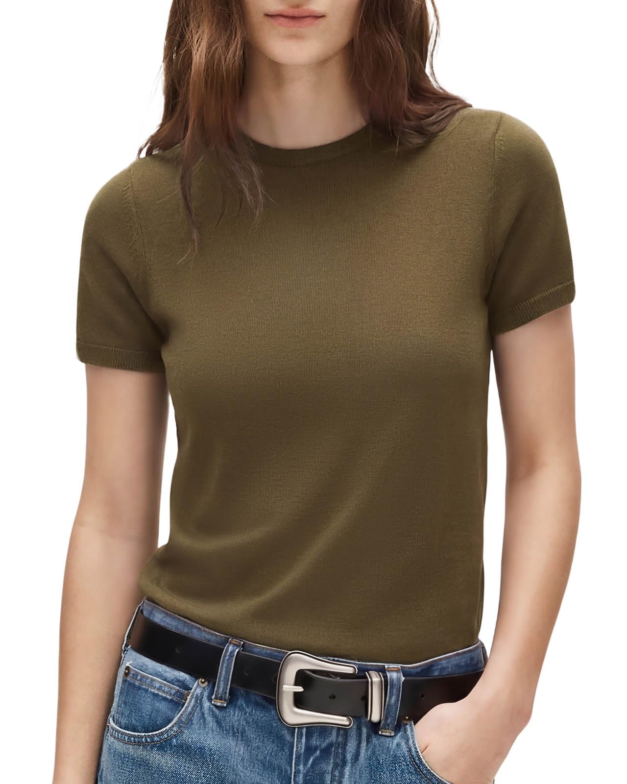 SUUKSESS Women Silk Cashmere Blend Crew Neck Short Sleeve Sweaters Casual Blouse