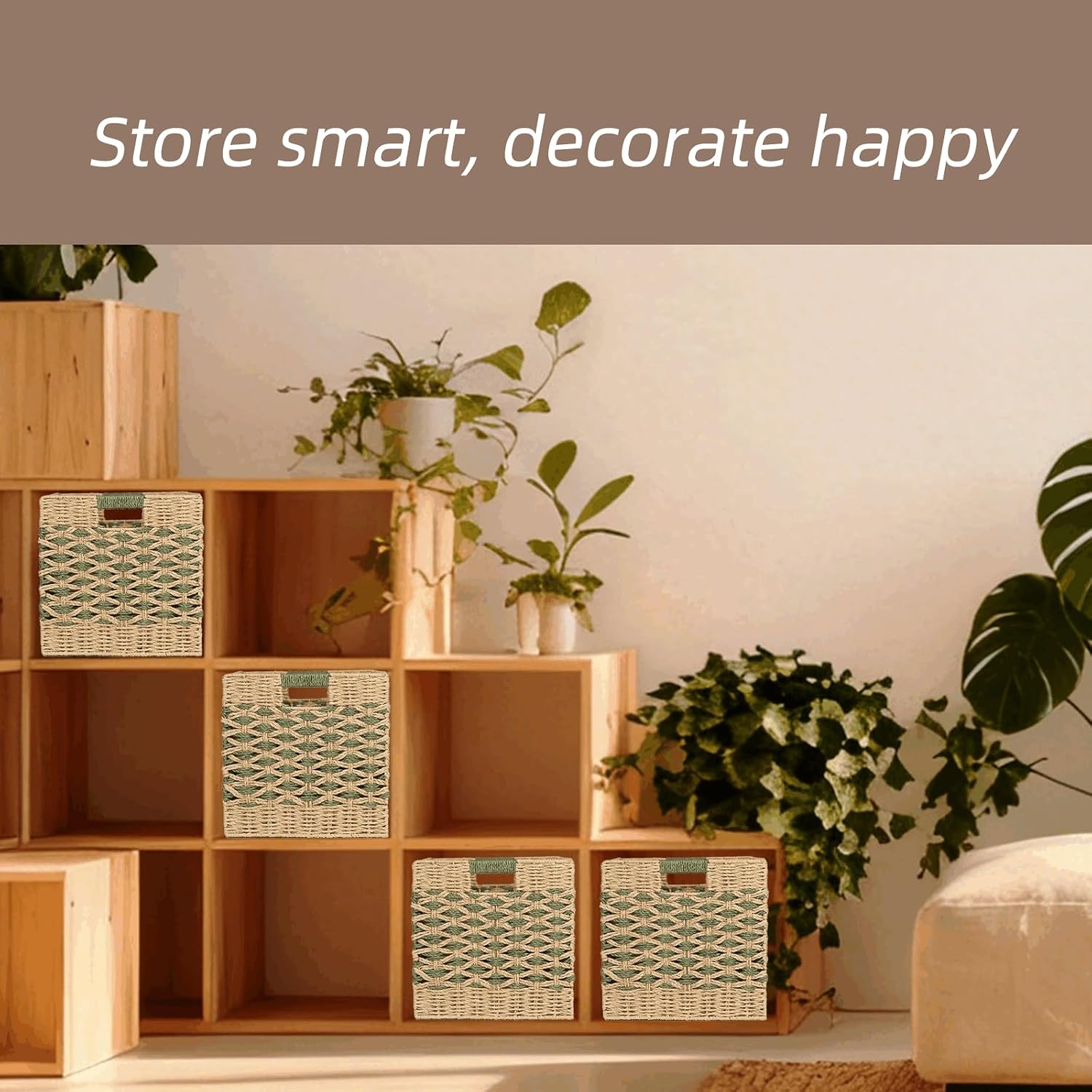12x12 Cube Storage Bins, Paper Rope Baskets for Shelves, 4 Pack