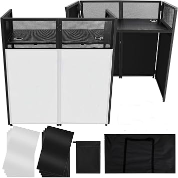 Portable DJ Facade Booth, 40"L x 20"W x 43.2"H, Black Metal Frame DJ Table with Adjustable Feet