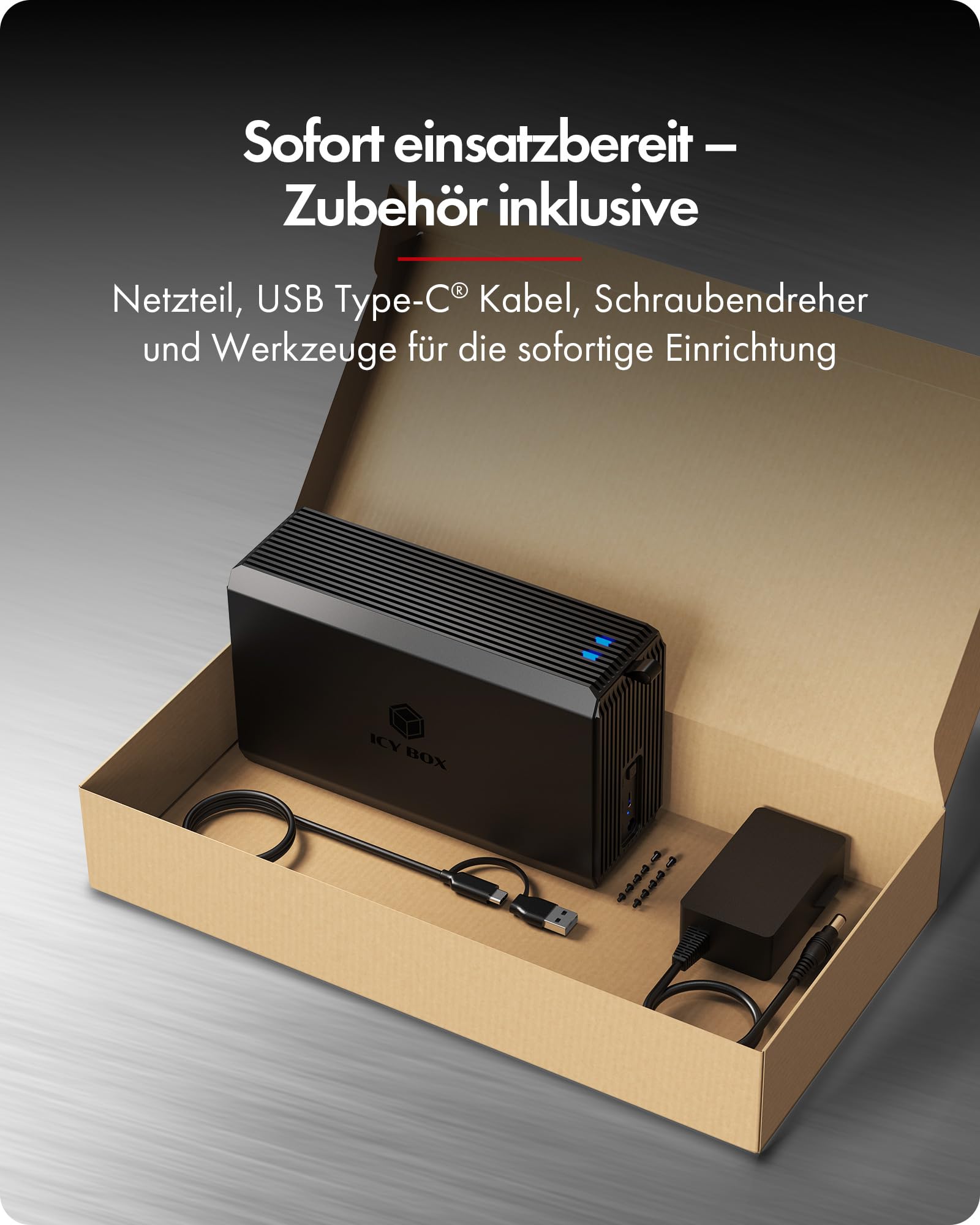 ICY BOX (2-Bay RAID-System 2,5"/3,5" SATA, USB 3.2 Gen 1 Type-C, RAID 0/1/SINGLE/LARGE, 50-mm Lüfter, LED-Status, Aluminium) Externes Gehäuse für HDD/SSD, bis 30 TB IB-RD3720-CU3