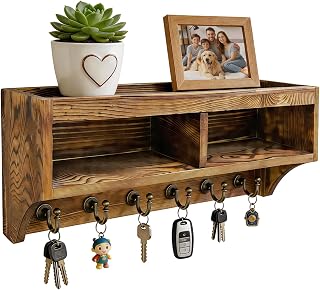 TopEsct Schlüsselbrett mit Ablage aus Holz, Schlüsselhalter Wand mit 6 Haken, Stabile Schraubenmontage für Flur & Eingangsbereich - Massivholz Kiefer 35,5 x 14,5 x 9,6 cm