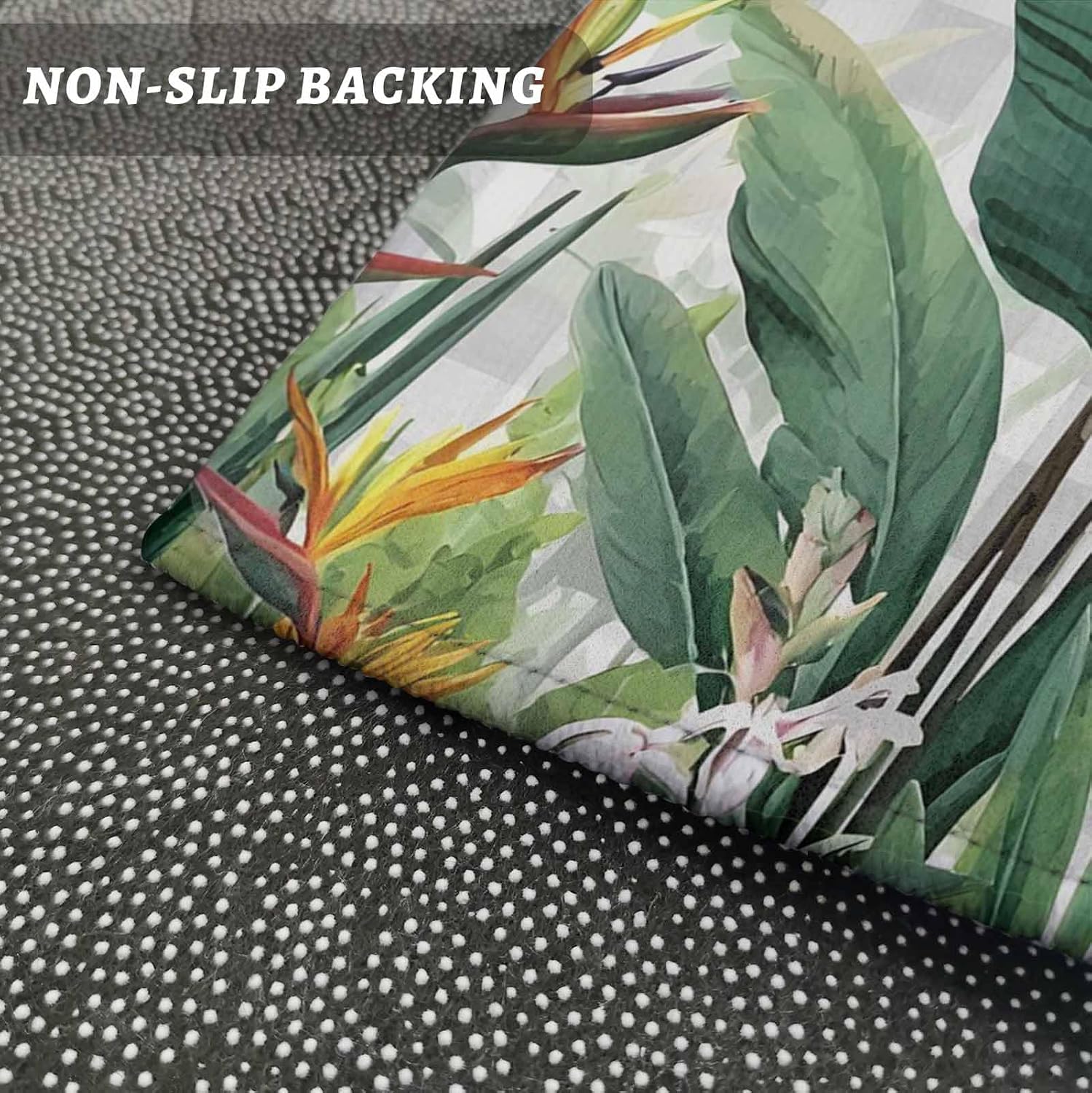 Teamery Kitchen Mats for Floor Summer Tropical Garden Washable Non Slip Kitchen Rugs 2PCS, Green Botanical Gray White Plaid Absorbent Standing Mats for Sink Office Living Room 15.7x23.6in+15.7x47.2in