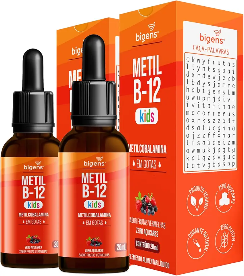 Metil B-12 Kids, Metilcobalamina em Gotas, Sabor Frutas Vermelhas, Zero Açúcares, Unidade 20ml, Bigens (Kit 2)
