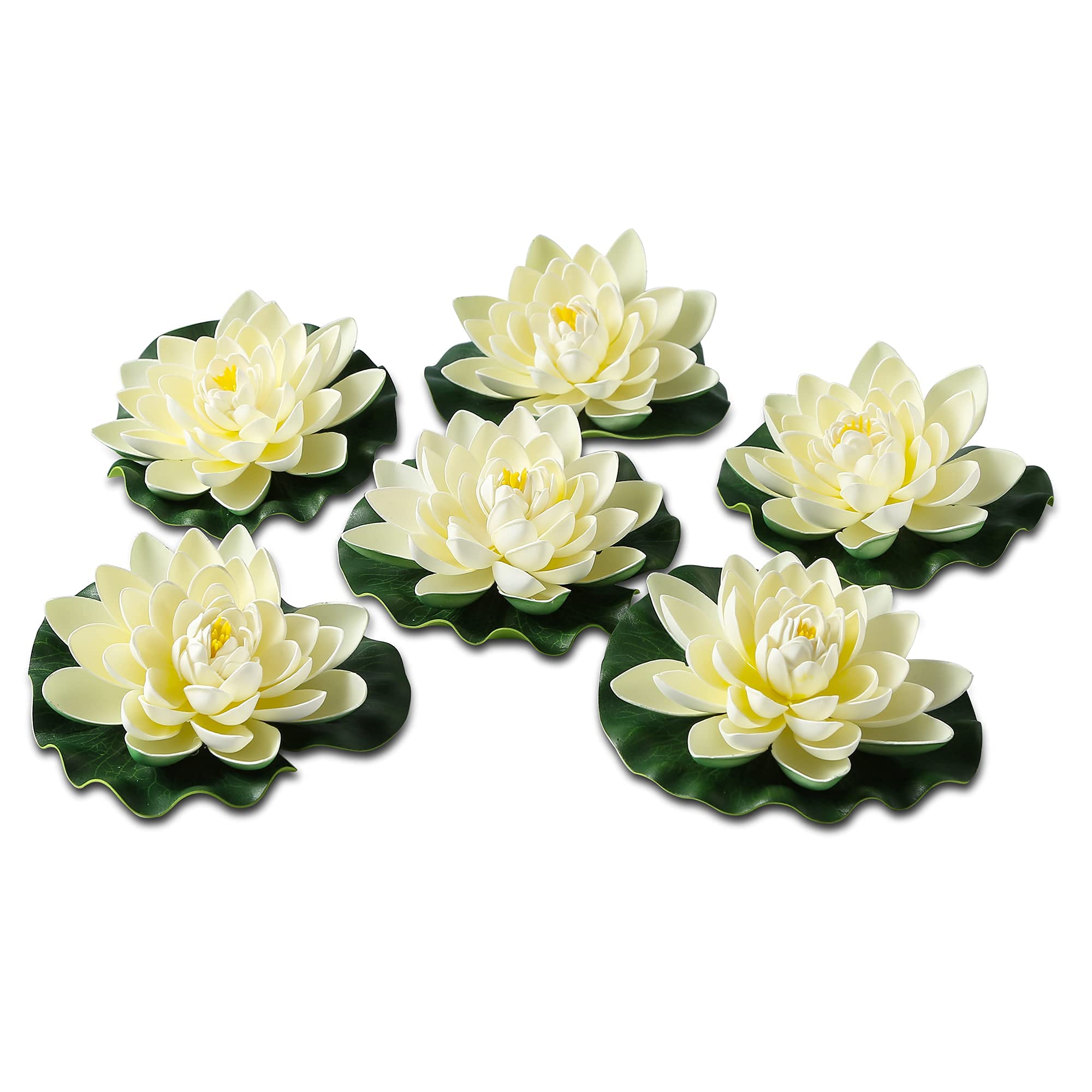 6PCS 7 Inch Artificial Floating Foam Lotus Flowers, with Water Lily Pad Ornaments, Ivory White, Perfect for Patio Koi Pond Pool Aquarium Home Garden Wedding Party Holiday Decoration