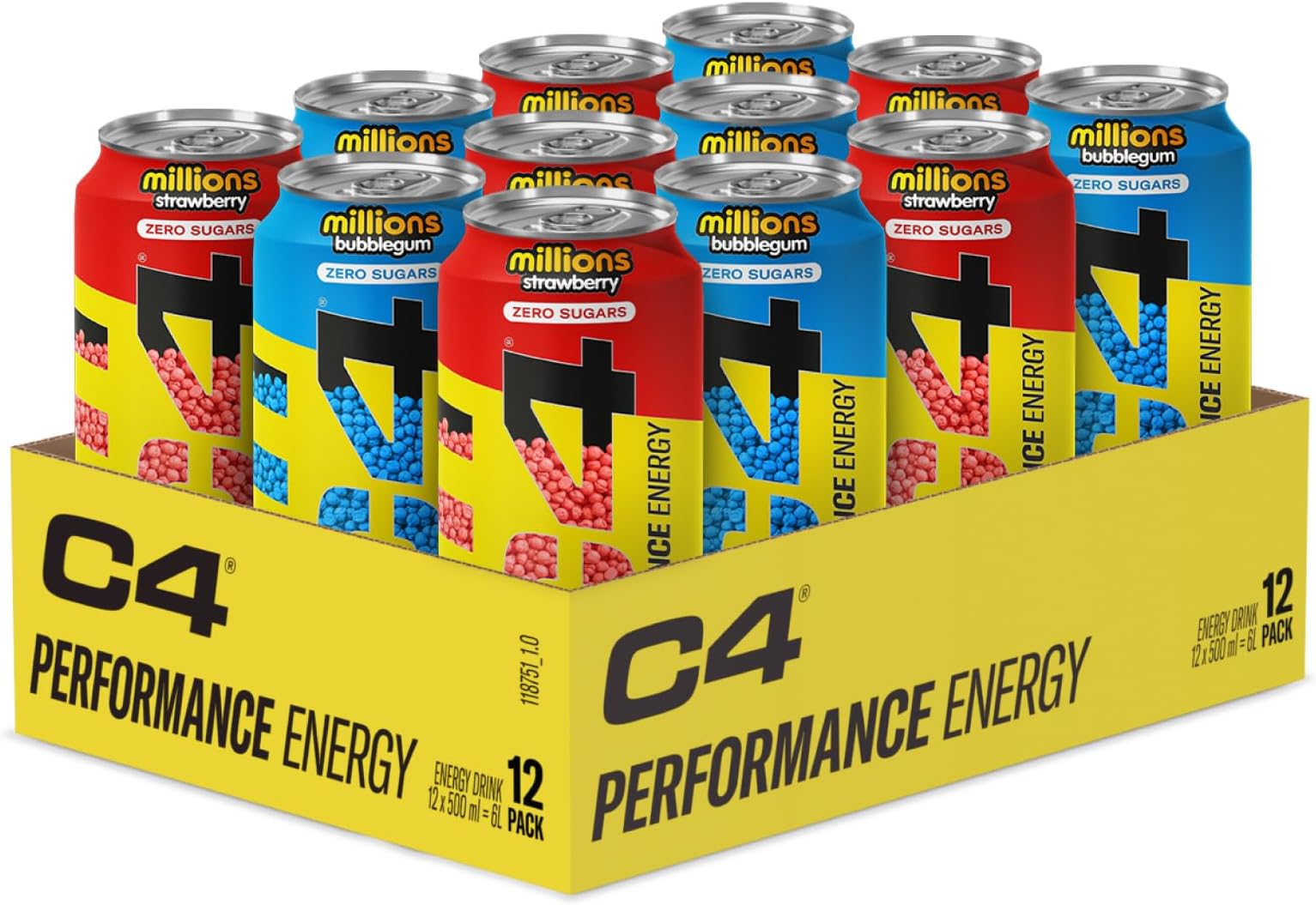 C4 Performance Energy Drinks Millions Bubblegum/Strawberry 500ml (12 Pack) | Sugar Free Energy Drink with 160mg Caffeine, 250mg Betaine, 1050mg Taurine | Low Calorie Fizzy Drinks for On The Go Energy