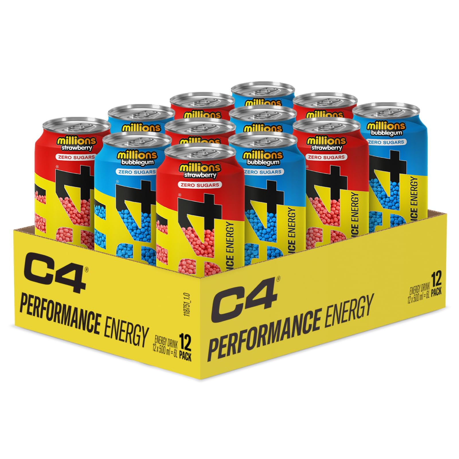 C4 Performance Energy Drinks Millions Bubblegum/Strawberry 500ml (12 Pack) | Sugar Free Energy Drink with 160mg Caffeine, 250mg Betaine, 1050mg Taurine | Low Calorie Fizzy Drinks for On The Go Energy