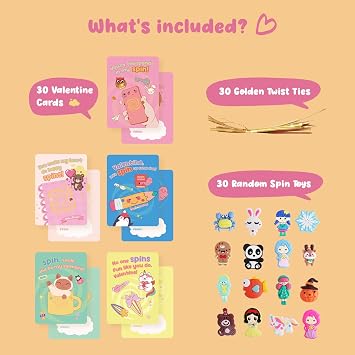 DG-Direct 30 Pack Valentines Day Gifts for Kids, Valentines Day Cards with Mini Spinning Pencil Top Toys, Valentine School Classroom Exchange Prizes, Valentine Party Favor Toy Set