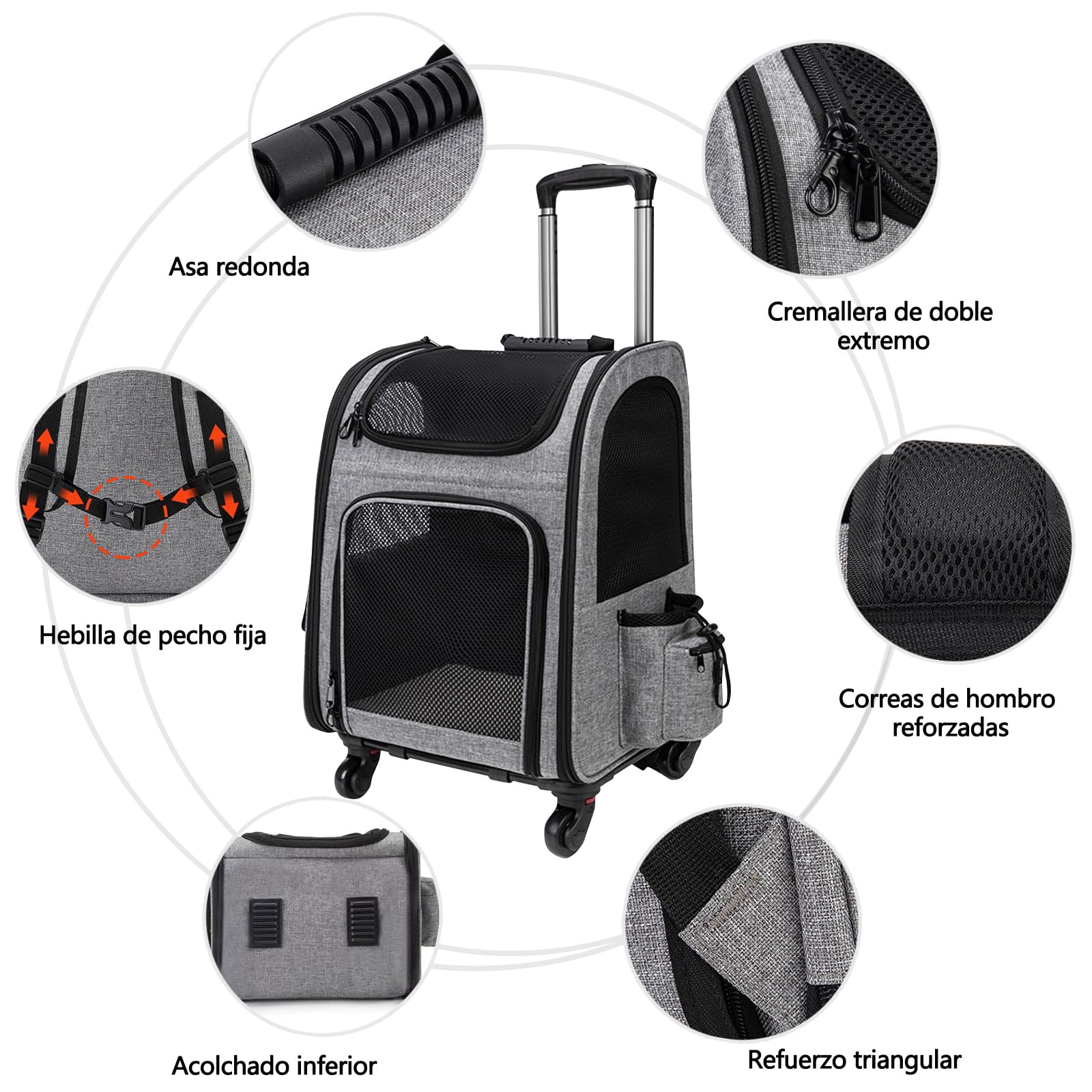 Galatée Cochecito para Mascotas, Mochila para Perros con Ruedas Extraíbles, Mochila para Perros Aprobada por Aerolíneas, Bolsa De Viaje para Mascotas con Ventanas De Ventilación De Malla(Gris)