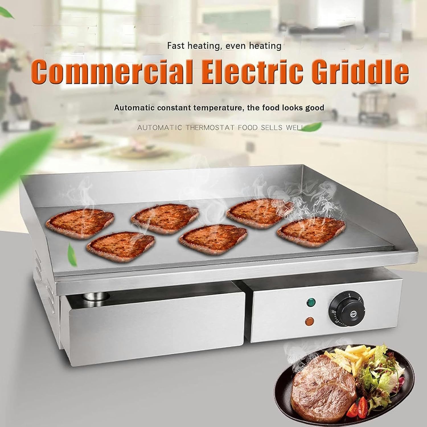 Electric Countertop Griddle, Stainless Steel Electric Griddle Countertop Hot Plate Commercial BBQ Grill, Burger Bacon Kitchen Barbeque Countertop for Fry Eggs, Pies, Meets, Hamburgers