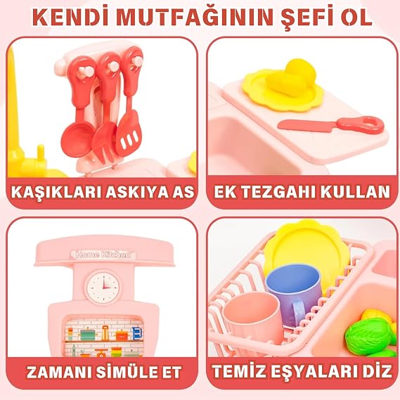 Oyuncak Gerçek Su Akan Mutfak Lavabo Seti | 28 Parça Aksesuarlı | Pilli Su Devir Daimli Mavi (Pembe)