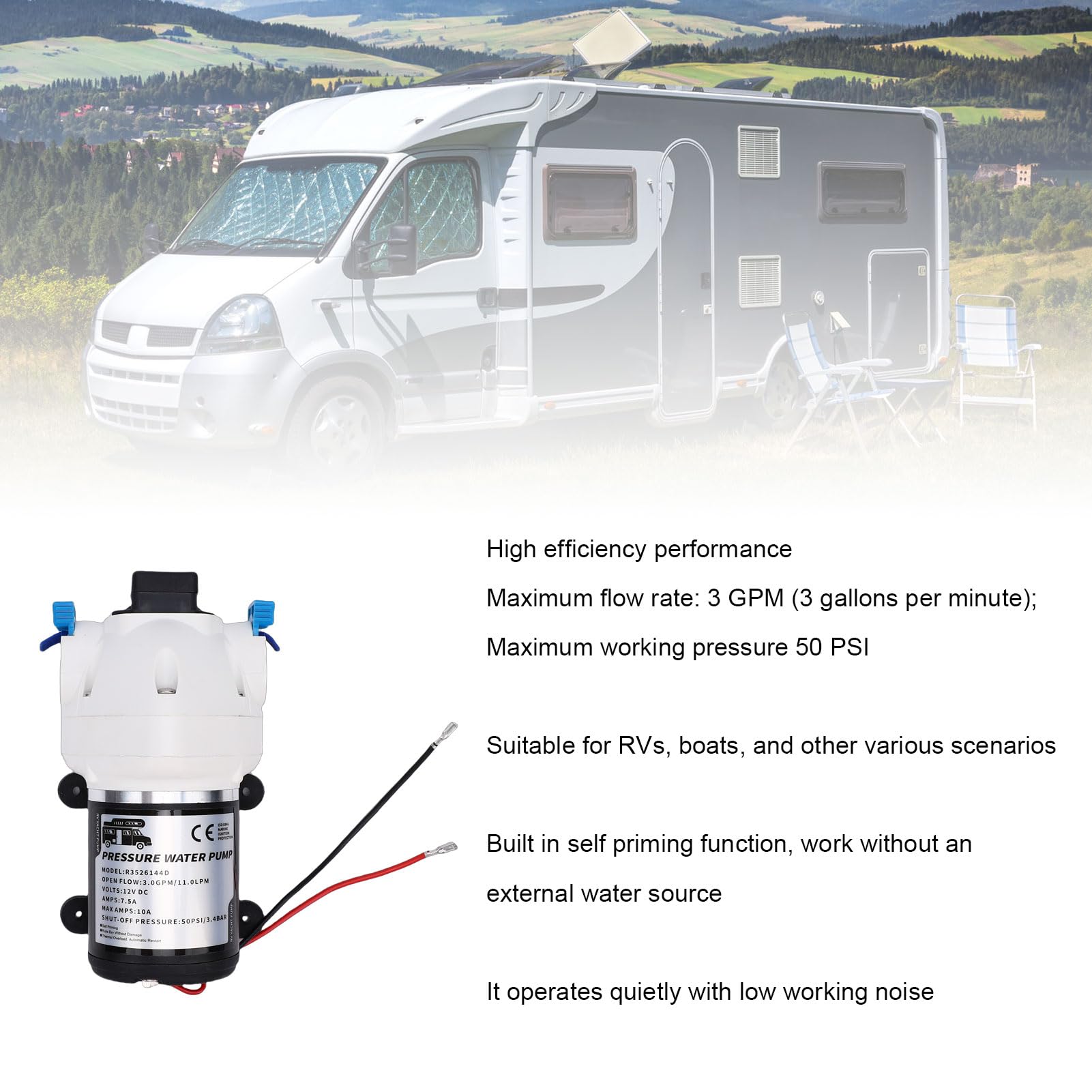 Alomejor Bomba de Agua RV Bomba de Agua Autocebante de Metal 12 V 3 GPM 50 PSI Apagado Automático de bajo Ruido para RV Barco Remolque de de Yate Marino
