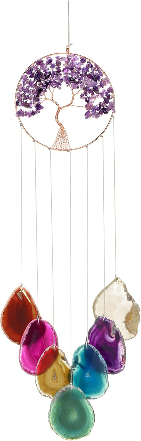 Yoption Amethyst Tree of Life Memorial Wind Chime, Natural Crystal Agate Slices Windchimes for Indoor Outdoor Decoration Ornament, 15.7-17.7 inch