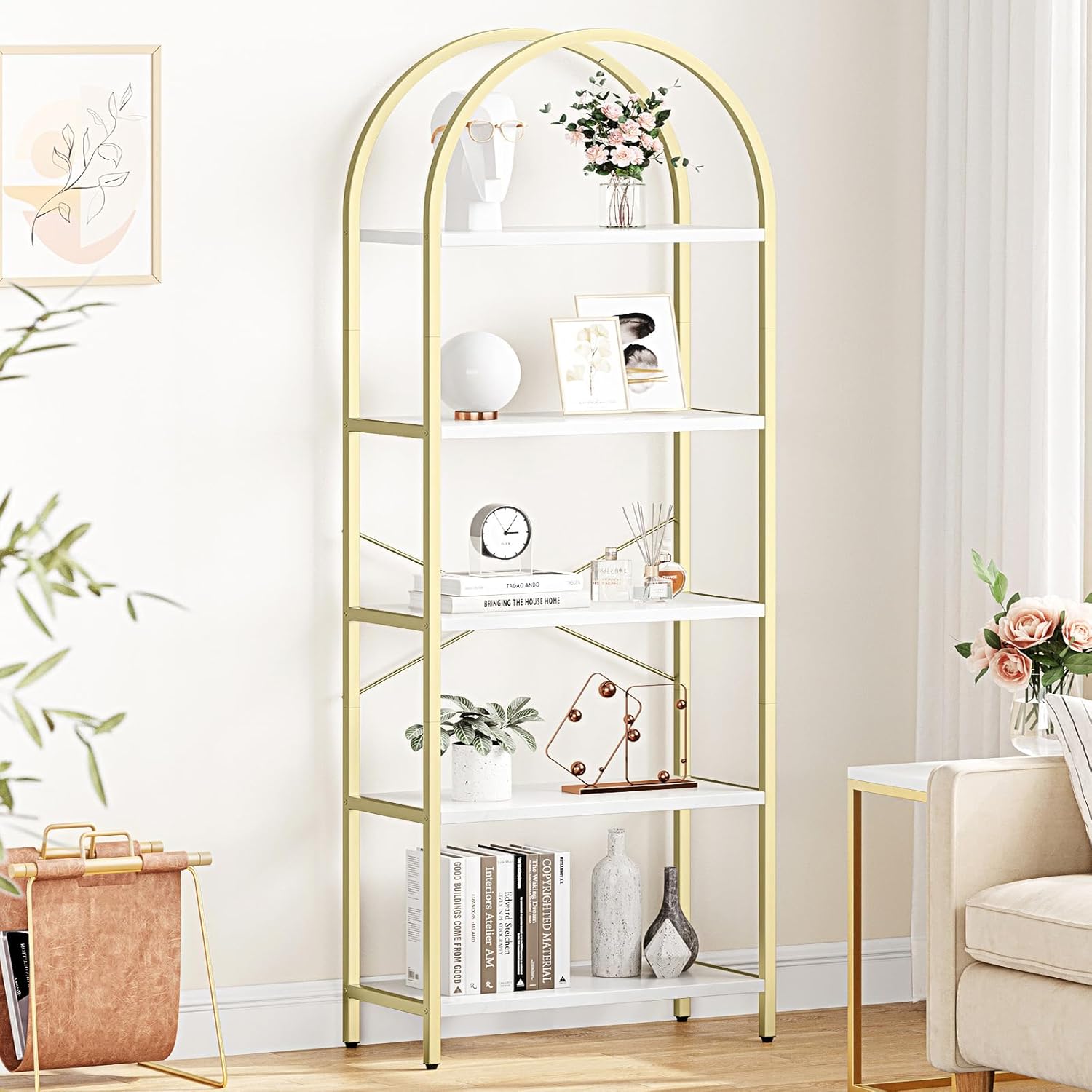 IDEALHOUSE Bookshelf 5 Tier Bookcase Arched Display Racks Tall Standing Bookshelves Metal Frame Modern Storage Rack Shelf Large Wood Book Shelf for Bedroom, Living Room, Home Office, White/Gold - Image 4