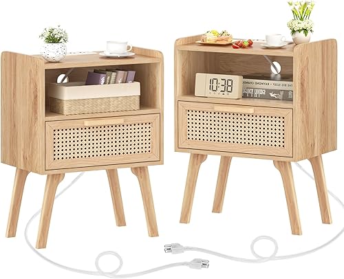 Miniatura 54 de Lerliuo Juego de 2 mesitas de noche de ratán, mesa auxiliar bohemia con cajón abierto, mesa auxiliar de noche con patas de madera maciza para Negro