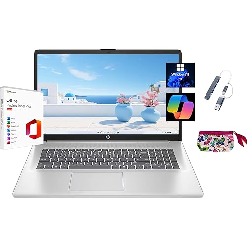HP 2025 17.3" HD+ Laptop, with Free Lifetime Microsoft Office 2024, Intel Core i3-N305, 32GB RAM, 1TB SSD, Intel UHD Graphics, Windows 11 Pro, Natural Silver, Wi-Fi 6, Copilot, with USB Hub & Pouch
