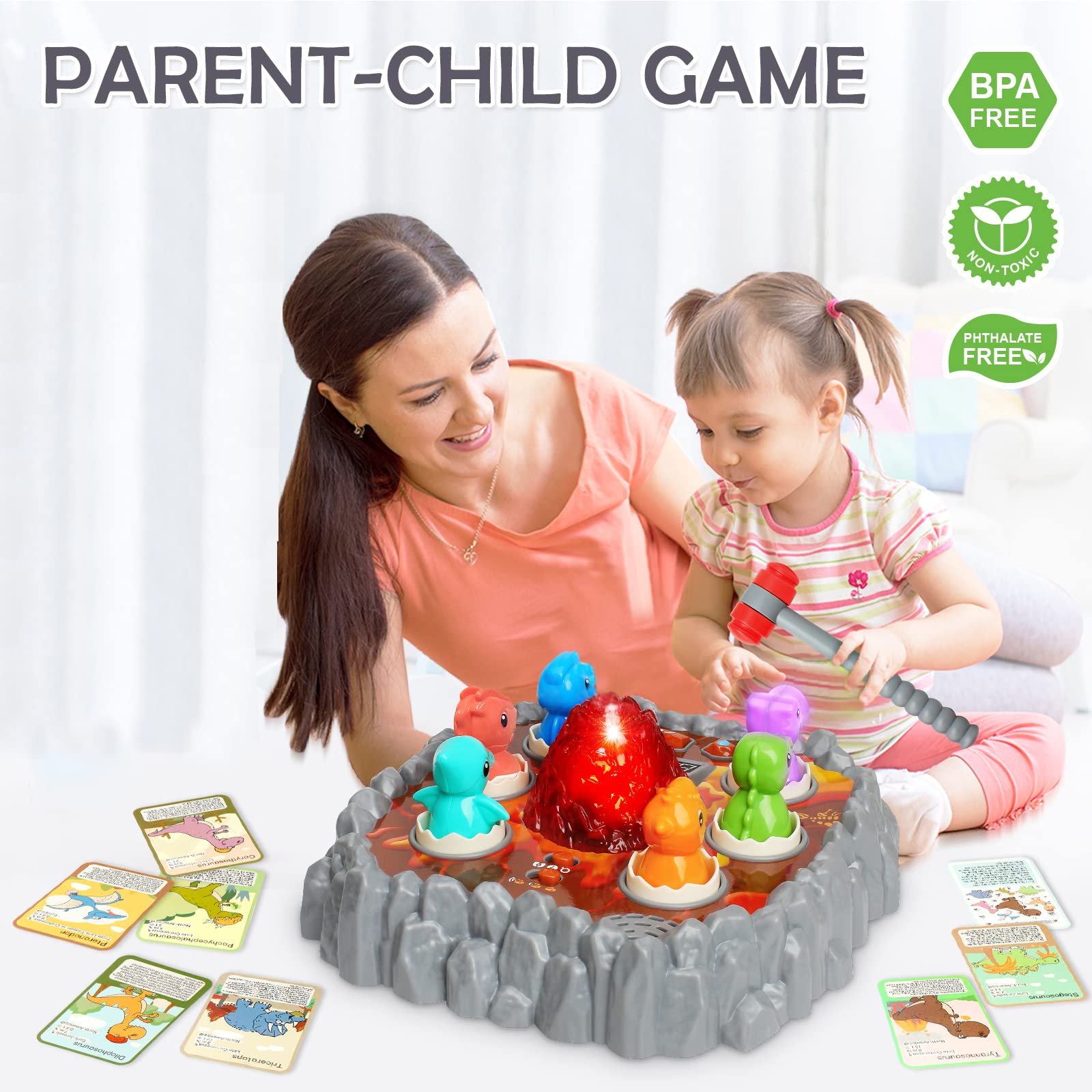 Yerloa Jeu de la Taupe pour Les Tout-Petits, Jouets interactifs Dinosaures pour Enfants de 3 à 5 Ans, garçons/Filles avec Son et lumière, Jouet Volcan en Spray 3 4 5 6 7 Ans avec 2 marteaux Souples