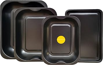4-Pack Black Roasting and Baking Tray Set - Large Roaster 38cm, Medium Roaster 33cm, Small Roaster 28cm & Small Tray 32cm - Baking Tray Set Tray/Pan, Non-Stick, Multi-Pack - Dishwasher Safe