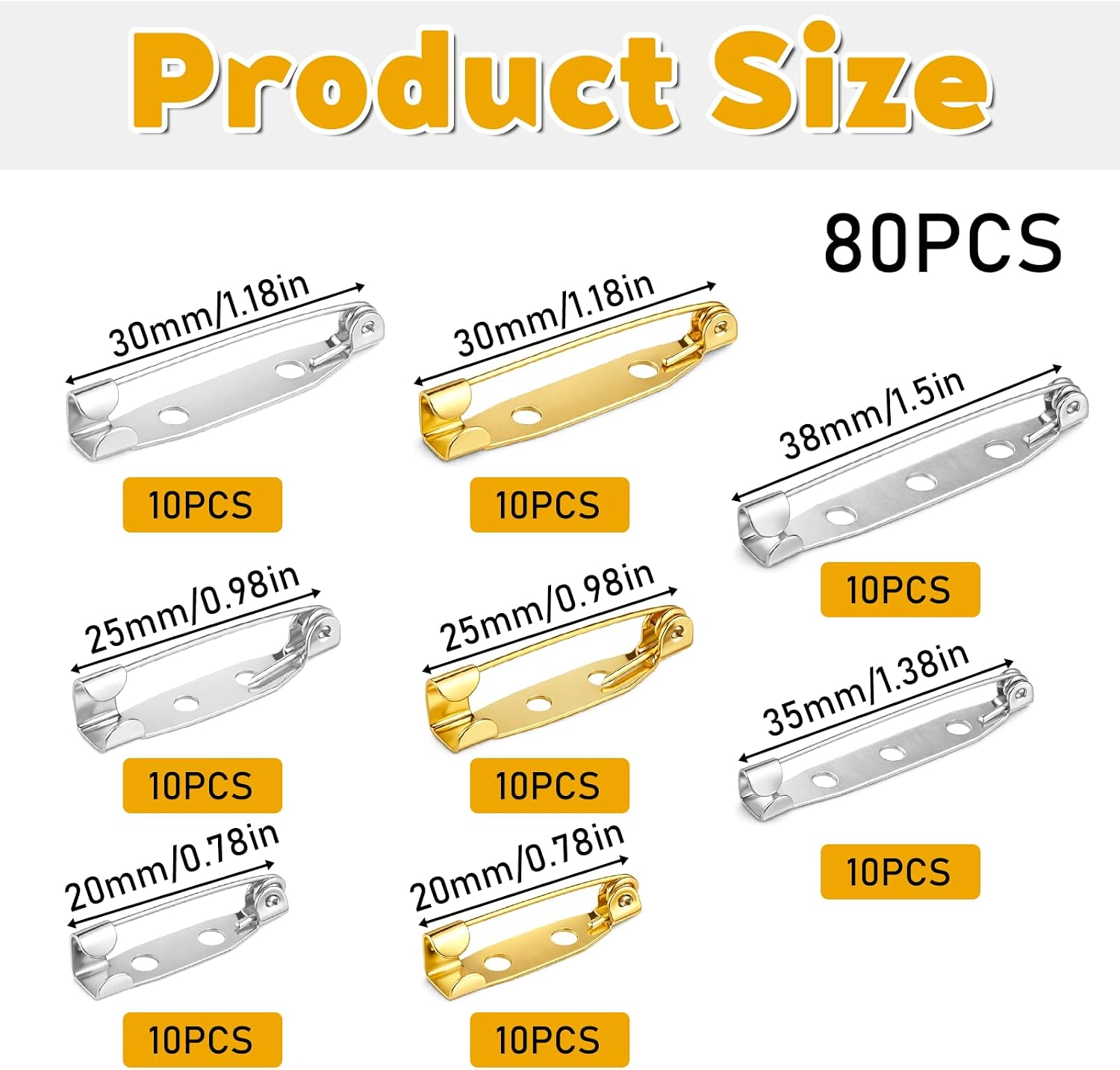80 PCS Brooch Pins for Crafts, 5 Sizes Brooch Pin Backs Gold & Silver Boutonniere Pins with Plastic Case for Jewelry Making Badges DIY Crafts Name Tags Accessories, 20/25/30/35/38 Mm