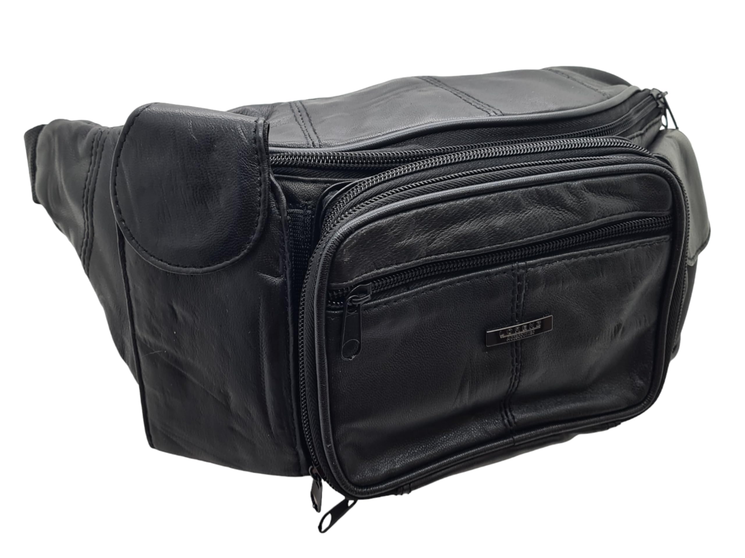 Unisex Black Leather Large Bum Bag Multi Pocket Travel Holiday Fanny Waist Pack