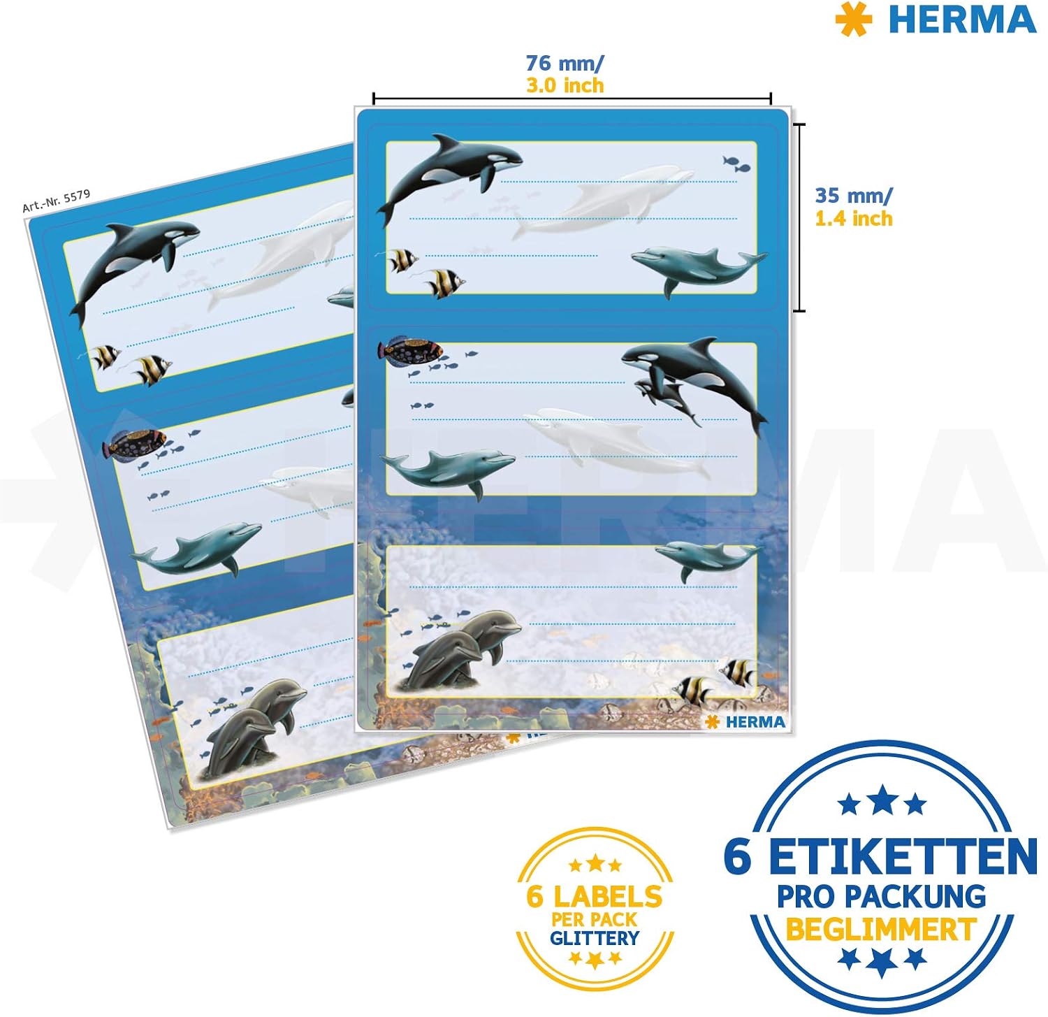 HERMA 5579 Book Labels for Labelling Dolphins (76 x 35 mm, 6 Name Stickers, Paper, Glitter), Self-Adhesive - Image 3